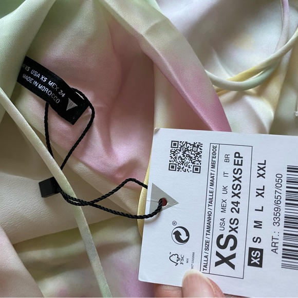 Zara Printed Watercolor Satin Tie Dye Mini Cowl Neck Dress Cream Pink XS NWT - Picture 15 of 16